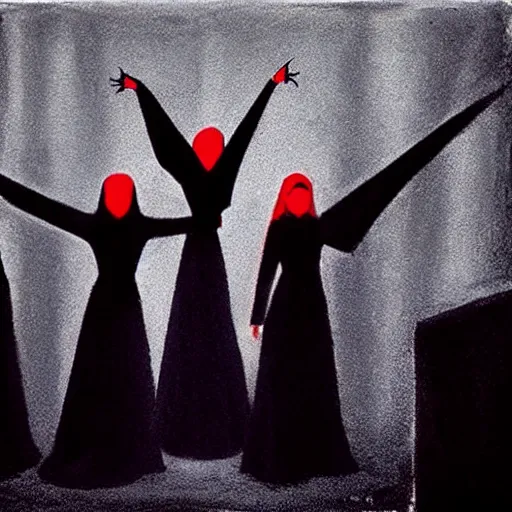 Prompt: in the style of Gottfried Helnwein, three female witches dressed in black with veils:: graveyard:: red moon:: vampire blonde woman::