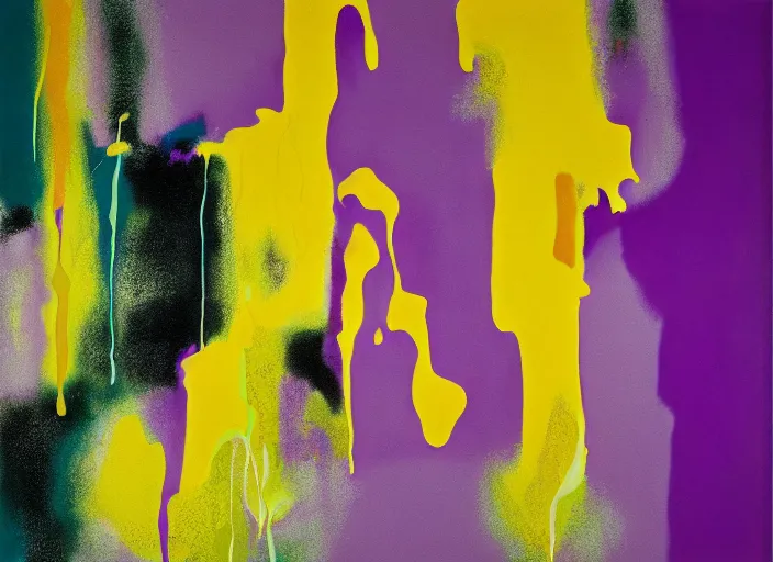 Image similar to minimalistic abstract painting in purple, yellow, dark green, beige, by hernan bas and pat steir and helene frankenthaler and hilma af klint, psychological, photorealistic, dripping paint, washy brush, oil on canvas, rendered in octane, altermodern, masterpiece
