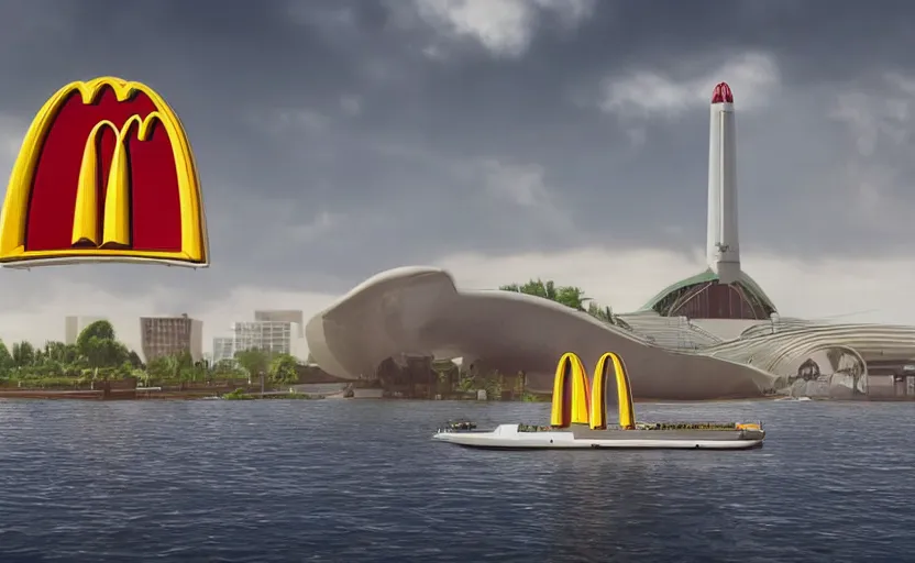 Prompt: an immense McDonald's brand oceanliner cruise ship with giant golden arches logo crashed a broken on a deserted island, huge airship like the hindenberg docked to a nearby tower, smoke stacks billowing thick black smoke, dystopian bad vibes, fast food restaurant color scheme, photorealistic, intense clouds, octane render, sharp focus