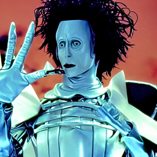 Prompt: a still of Edward ForkHands, in the film Edward Scissorhands, UHD, stylistic, film, horror