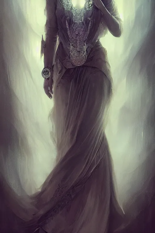 Prompt: woman with pale skin and faceted metal dress, fog, volumetric lighting, intricate, elegant, highly detailed, digital painting, artstation, concept art, smooth, sharp focus, art nouveau, steampunk, art by raymond swanland and alphonse mucha