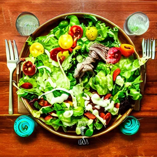 Image similar to a plate of food made of salad and alien, award winning photographer, food photography