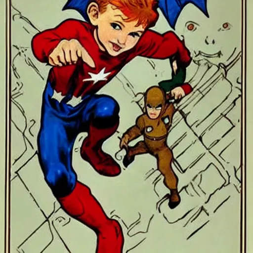 Image similar to a little boy with a mischievous face and short ginger hair. he is dressed as captain america, spider - man, batman, captain marvel, a superhero. well composed, clean elegant painting, beautiful detailed face. painting by steve ditko and jack kirby and alphonse mucha