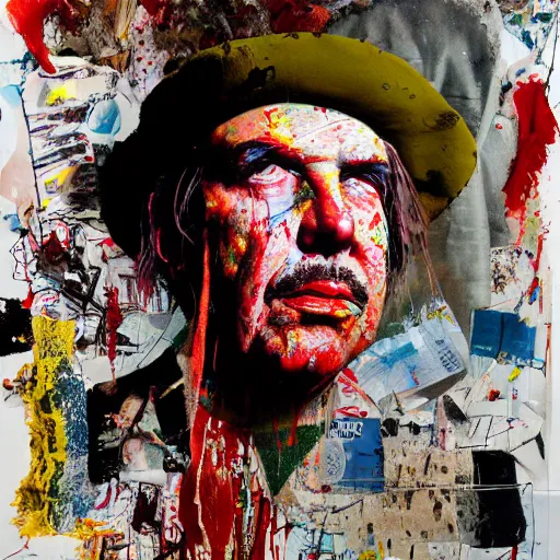 Image similar to hyperrealistic, photorealistic, mixed media oil painting of captain beefheart, magazine scraps, plaster, blood, oil, mustard, splatter, greg rutkowski, basquiat, ralph steadman, wesley kimler, terry gilliam, andy warhol, wesley kimler