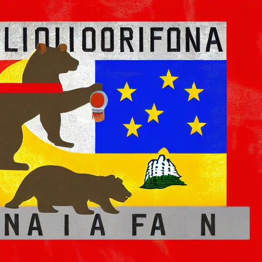 Image similar to California state flag with a robot riding on top of the bear