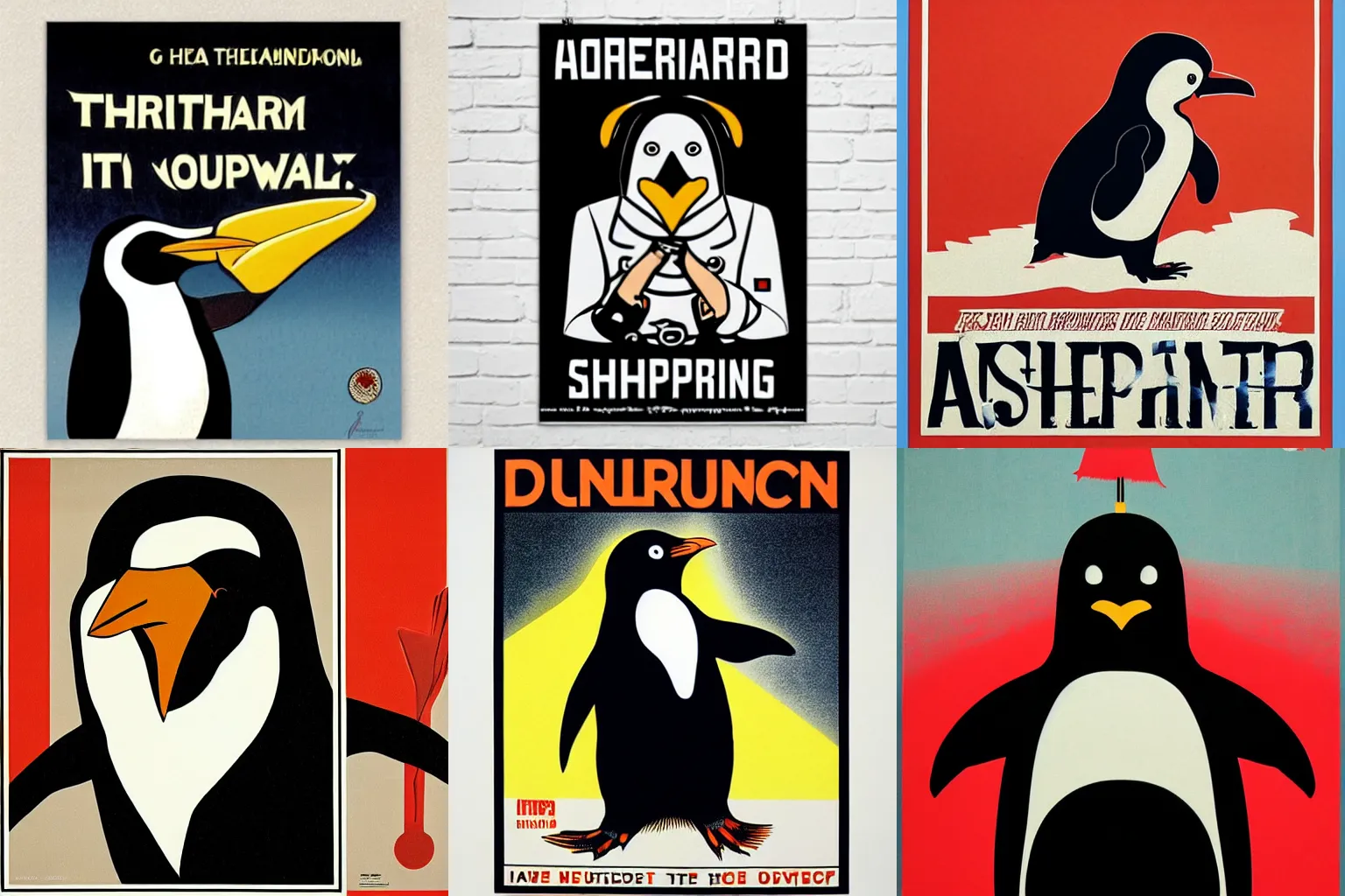 Prompt: 1984 authoritarian penguin yelling to a crowd, Shephard Fairey poster, propaganda-print