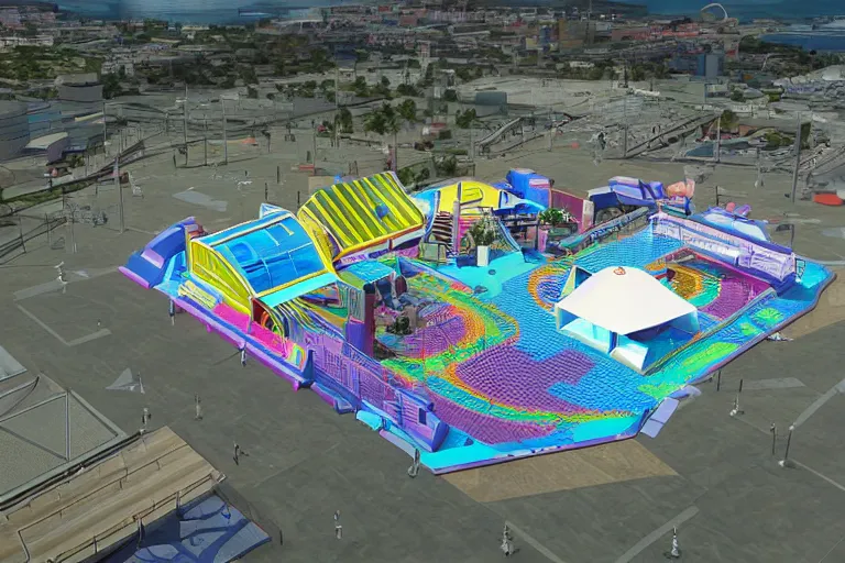 Image similar to isometric view of a high - tech sky arena inspired by modern skate parks and modern chinese playgrounds on nintendo switch, wide angle, cinematographic shot, day