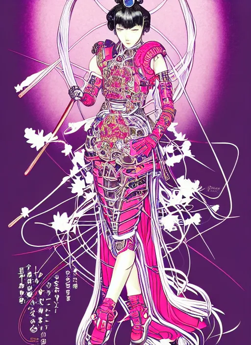 Image similar to genshin impact highly detailed terada katsuya artgerm artstation minaba hideo manga poster of princess mechine, long hair, armor, dress, laces, ruffles, 8 k, fluorescent, maximalist, jump comics, tomer hanuka,