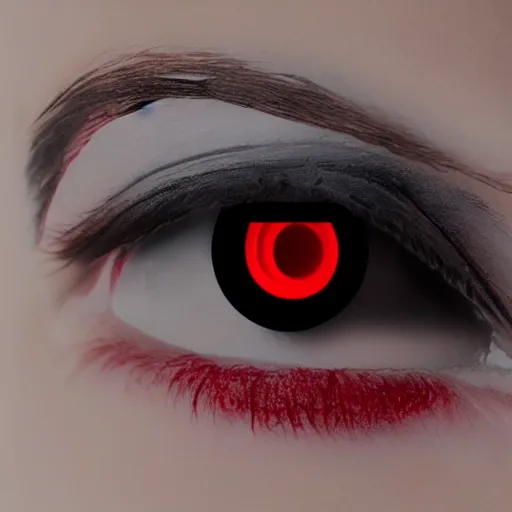 Prompt: Portrait. Completely white ideal oval face. Right eye red, black iris black. Left eye black, red iris. Dark futuristic background.