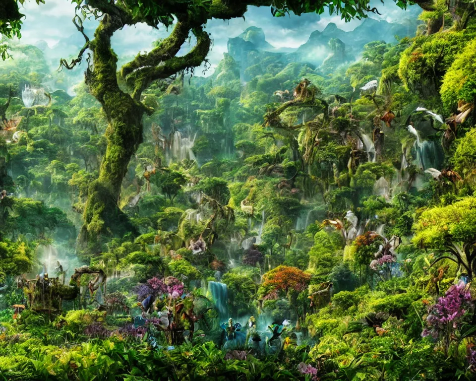 Prompt: the beastlands, avatar ( 2 0 0 9 ), lush landscape, jungle landscape, flowers