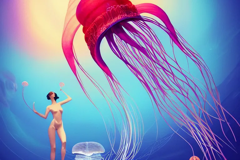 Image similar to jellyfish and sea creatures swimming around beautiful woman body, elegant, highly detailed, smooth, sharp focus, trippy, dmt, psychedelic, illustration, beautiful, geometric, trending on artstation, cinematic, artwork by WLOP