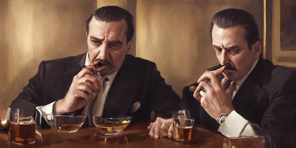 Image similar to beautiful oil matte portrait painting, mafia boss holding a cigar and drinking whiskey at his 5 0 s new york office desk, wonderful masterpiece highly detailed, beautiful cinematic light deep focus, elegant, digital painting, smooth, sharp focus, golden ratio, dramatic illumination, ultra realistic, 8 k, art by jimmy law