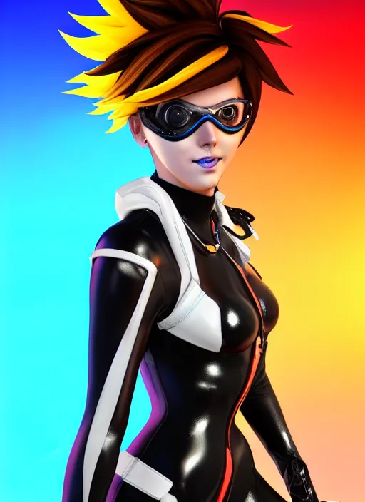 Image similar to portrait bust digital artwork of tracer overwatch, wearing white iridescent rainbow latex and leather straps catsuit outfit, 4 k, expressive happy smug expression, makeup, in style of mark arian, angel wings, wearing detailed black leather collar, chains, black leather harness, detailed face and eyes,