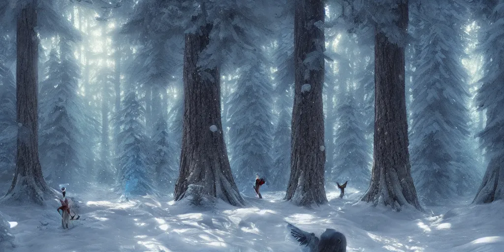 Image similar to a winter forest, highly detailed oil painting, Jessica Rossier, Studio Ghibli, range murata, digital art, octane render, beautiful composition, trending on artstation, masterpiece