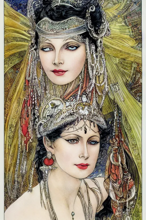 Image similar to detailed portrait of mata hari closeup face surrounded by swirling sari fabric frame, art by luis royo and walter crane and kay nielsen, watercolor illustration, sharp focus