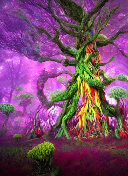 Prompt: a small psychedelic surreal horror giant made of multicolored psychotropic trees and flowers, magical creatures in the chaotic spirit forest, fulcolor octane reminder, cinematic, ultra - realistic