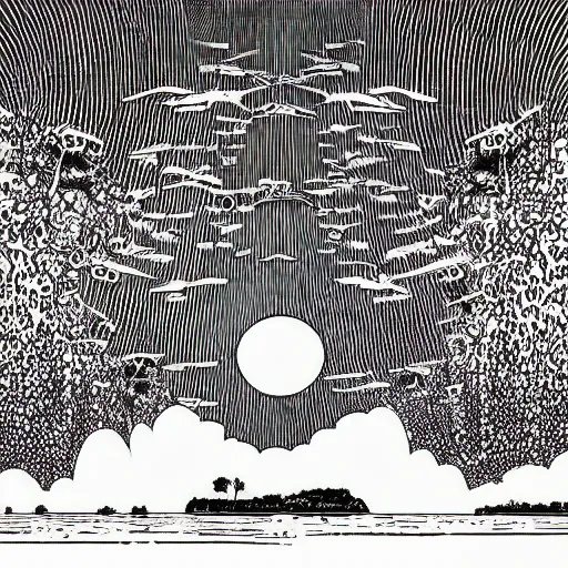 Image similar to by apollonia saintclair, by carsten meyerdierks depressing, tranquil mayan. a illustration of a group of flying islands, each with its own unique landscape, floating in the night sky. the islands are connected by a network of bridges. a small group of people can be seen walking along one of the bridges.