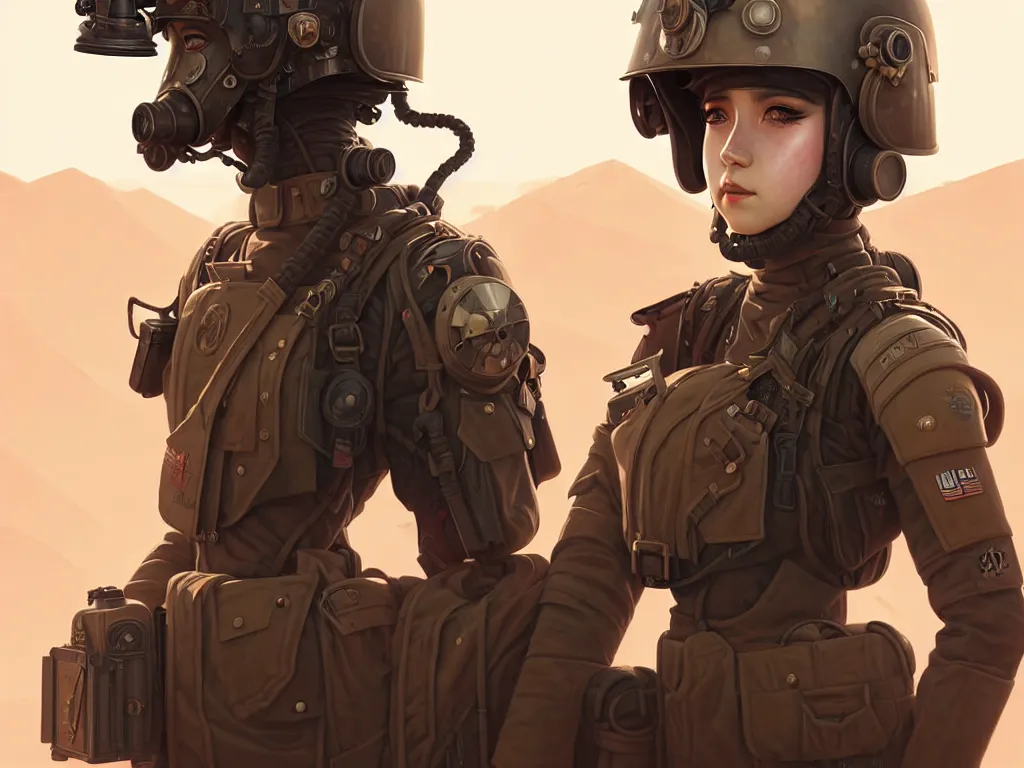 Prompt: portrait of dieselpunk blackpink jisoo soldier girl, helmet, desert, armored, highly detailed, digital painting, face detail, sharp focus, art, illustrations by loish and ayanamikodon and irakli nadar and rossdraws and wlop