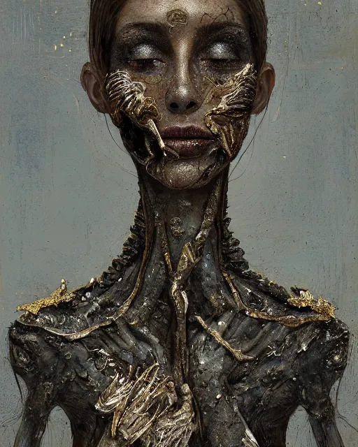 Image similar to A boney thin body girl humanoid with teared viscose clothes wearing a carved mineral mask with tiny mineral and gold incrustations, hyper detailed, insane details, intricate, elite, ornate, elegant, luxury, by Ismail inceoglu dragan bibin hans thoma greg rutkowski Alexandros Pyromallis Nekro Rene Maritte Illustrated, Perfect face, fine details, realistic shaded, fine-face, pretty face