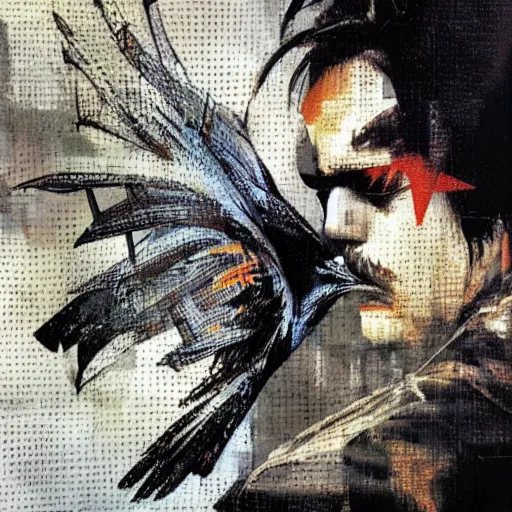 Image similar to the progressive rasterization of a bird from mechanical being to pixels, oil on canvas by dave mckean and yoji shinkawa and ivan shishkin