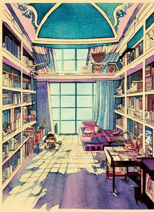 Image similar to vintage cinematic 7 0 s anime comic book watercolor of architecture design, composition by wes anderson, fisheye lens, pov perspective of maximalist botanical old shabby chic bedroom filled with posters and shelves and nic nacs by enjolras delphin, ethereal soft and fuzzy glow, by cicely mary barker