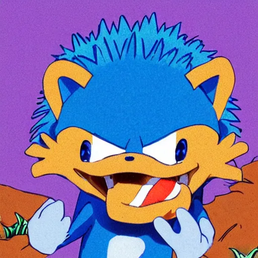 Prompt: A blue fast hedgehog in an island being surprised by a chilidog and firmly grasping it causing a mess on his hands while he is crying with joy