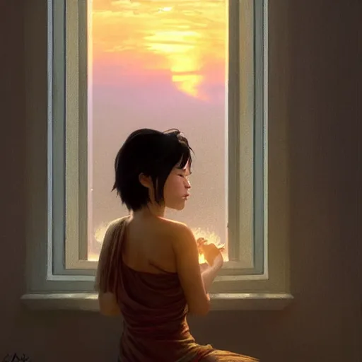 Image similar to Filipino woman with a short hair looking out the window to a beautiful sunset, intricate, highly detailed, digital painting, artstation, concept art, smooth, sharp focus, illustration, Unreal Engine 5, 8K, art by artgerm and greg rutkowski and alphonse mucha