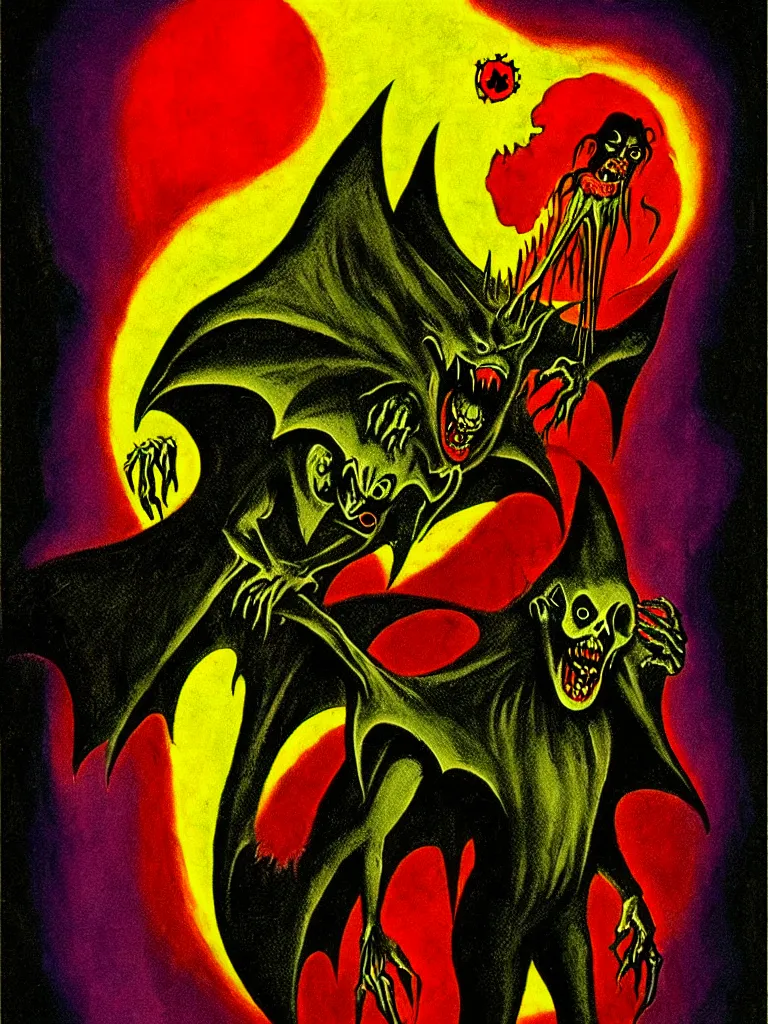 Prompt: Vibrant Colorful Vintage Horror Illustration of a Vampire Turning into a Bat. Glowing , Spooky lighting , Pinterest