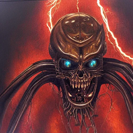 Image similar to the devil, hyperrealistic oil panting, disturing, highly detailed, shaded lightning, inspired by hr giger