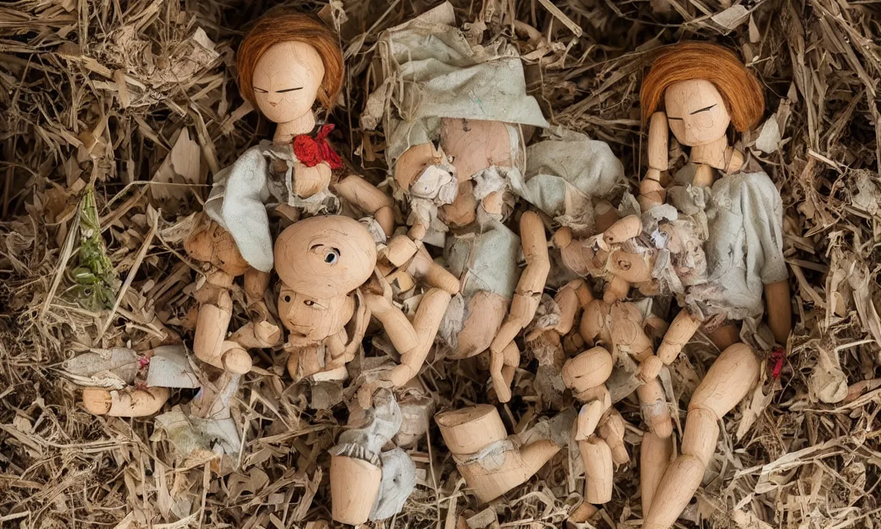 Image similar to a cinematic head and shoulders portrait of a beautiful female jointed wooden art doll, holding each other, abandoned inside an abandoned house, broken toys are scattered around, by Elsa Beskow