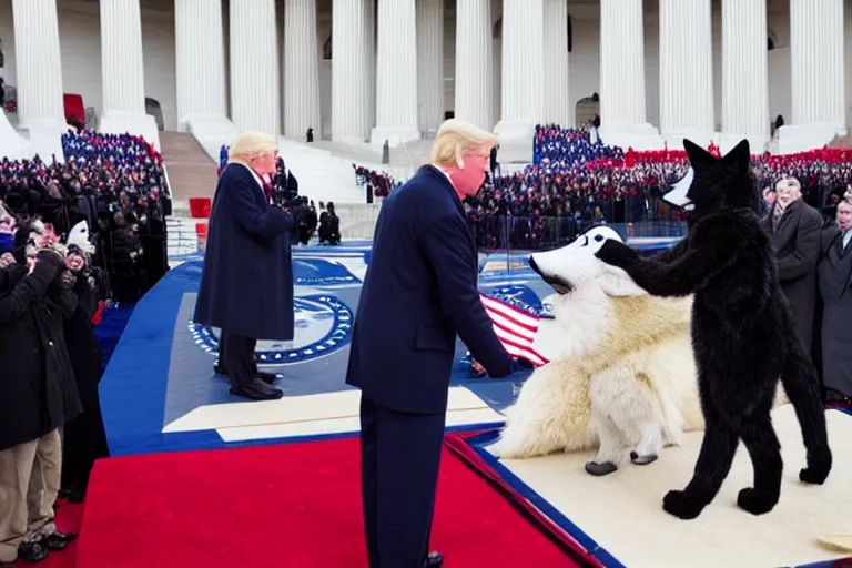 Image similar to photo of the usa presidential inauguration, a wolf fursuiter being inaugurated as president