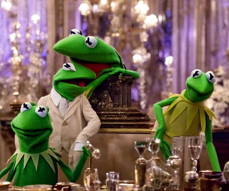 Prompt: kermit the frog in the great gatsby ( 2 0 1 3 ) directed by baz luhrmann, cinematic, colorful, dramatic, eccentric, 4 0 mm f / 2. 8