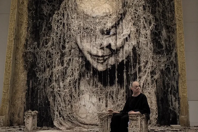 Image similar to vampire queen sitting on a throne in the abandoned buddhist temple, omnious, eerie, magnificent, wow, intricate, by nicola samori, by ryoji ikeda