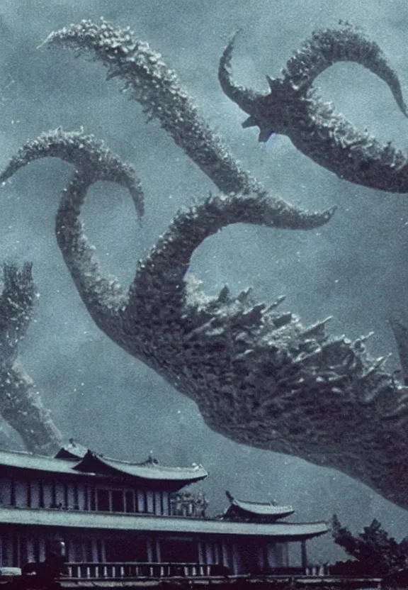 Prompt: a filmstill of a north korean monster movie, kaiju - eiga monster starfish - like trampling a traditional korean palace, foggy, film noir, epic battle, etheral, explosions, communist propaganda, communist epic thriller, by akira kurosawa and wes anderson video compression