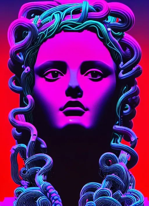 Image similar to statue of medusa, beeple, android jones, ( ( ( ( ( dan mumford ) ) ) ) ), vaporwave, retrowave, black background, neon wiring, black, glitch, strong contrast, cuts, pinterest, trending on artstation