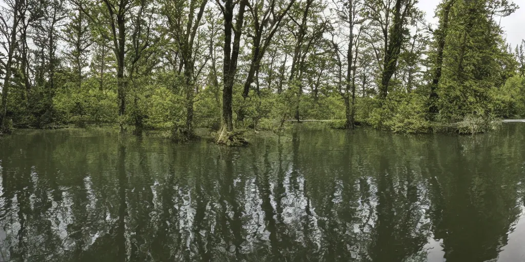 Image similar to centered photograph of a long rope snaking directly on the surface of the water, rope center of the lake, a dark lake on a cloudy day, color film, trees in the background, anamorphic lens