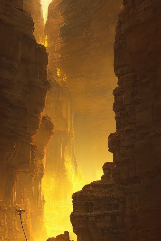 Image similar to ancient temple glowing yellow in a canyon, light streaks in the sky, dramatic lighting, artstation, matte painting, ralph mcquarrie, simon stalenhag