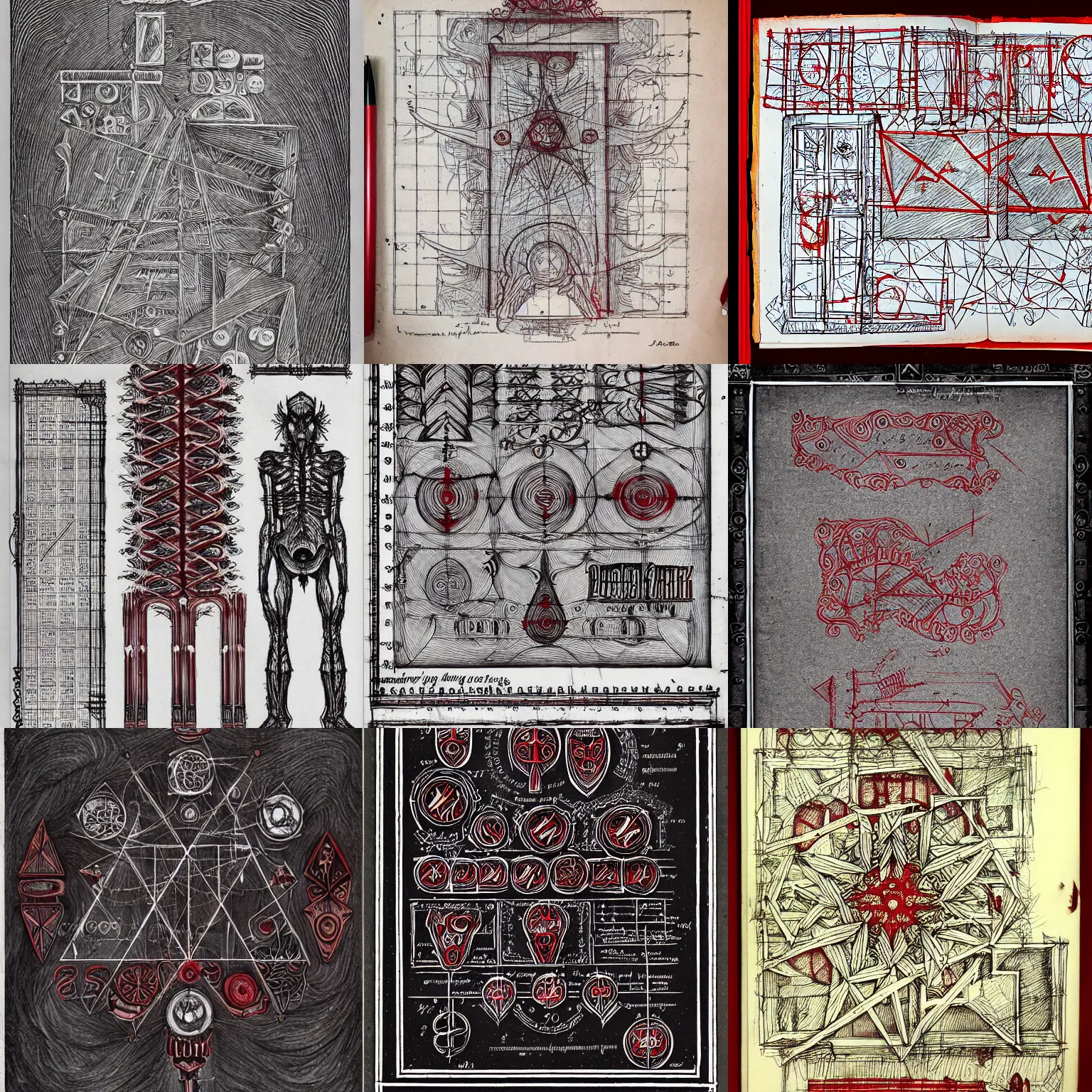 Prompt: schizophrenic hand drawn blueprint drawings of spells, red runes, blueprint red ink, calotype, lost grimoire, found papers, black paper, symmetry, RED writing, decay, full page writings, ornate borders + concept art, intricate writing, artstation, junji ito