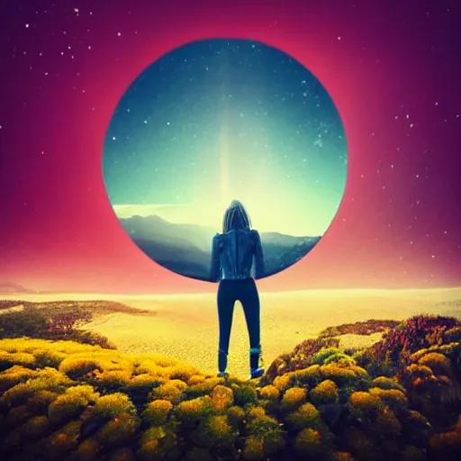 Image similar to A picture of a planet of various colors and plants, in which the human figure is dressed in something magical and impressive, inside the picture is infinity, sunset light, Atmospheric phenomenon, artistic photography, muted colors, conceptual