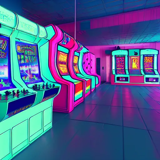 Prompt: inside an arcade, vaporwave 9 0 s dreamy empty, highly detailed, 3 d render, vray, octane, realistic lighting, photorealistic