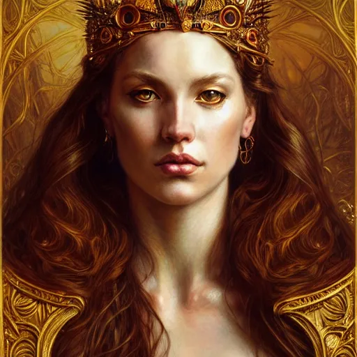 Image similar to highly detailed portrait of a majestic lioness queen in the form of a beautiful woman. d & d. art by eugene delacroix, donato giancola, anna dittmann, arthur adams. trending on artstation, intricate details, energetic composition, golden ratio, concept art, illustration, elegant art, global illuminaition