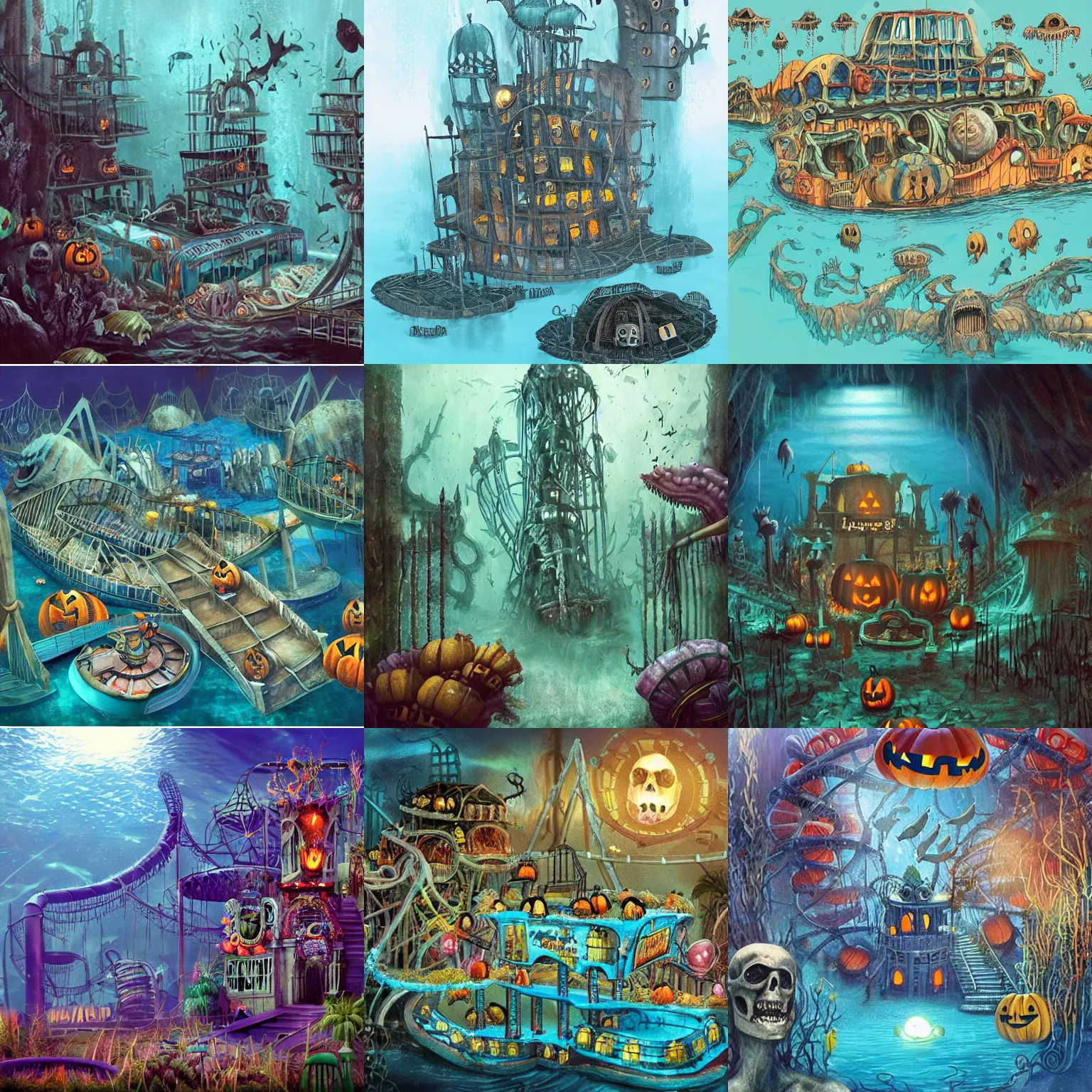 Prompt: a horror based underwater suburb based on an amusement park during halloween that takes place incredibly deep underwater and is built on the idea of the lost city of atlantis, halloween decorations, underwater city, amusement park, spooky, amusement park attractions, deep sea, horror themed, fun, concept art, in the style of harper groff