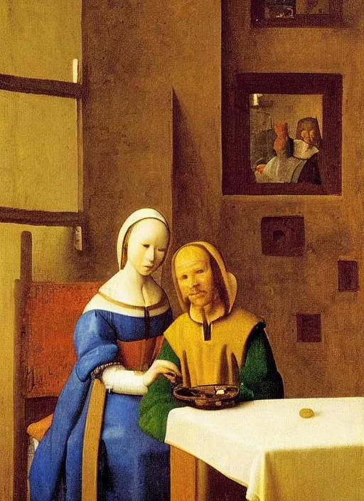 Image similar to Young man sitting at the table with young pretty blonde girl at the crowded inn. Medieval painting by Jan van Eyck, Johannes Vermeer, Florence