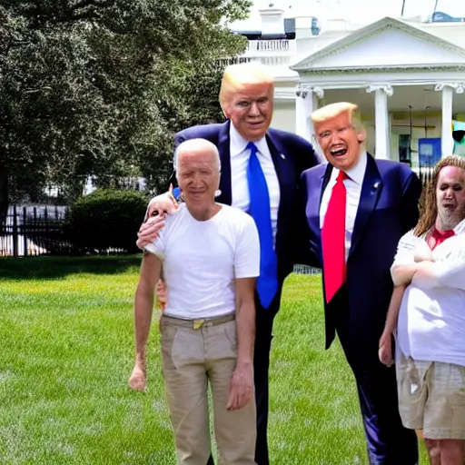 Image similar to donald trump poses with joe biden lookalikes in front of the white house as a protest, sunny day, detailed, detailed faces