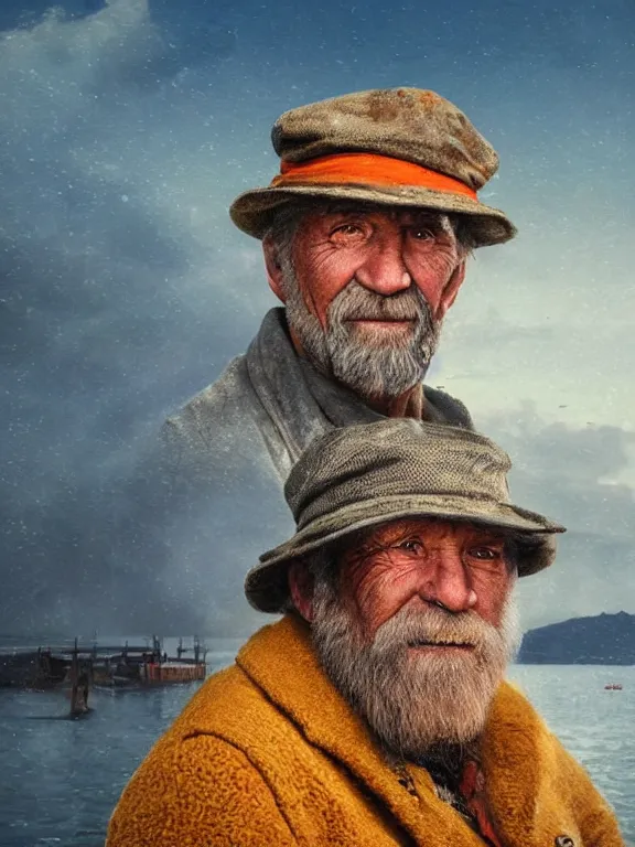 Image similar to realistic renderings portrait of very old fisher man portrait with a hat, wearing a fisher 🧥, colored wears, ( ( ( ( ( a bird in the sky ) ) ) ) ) port scene background, astonishing scenes, detailed, photorealism, volumetric lighting, autumn lights colors, ultra detailed