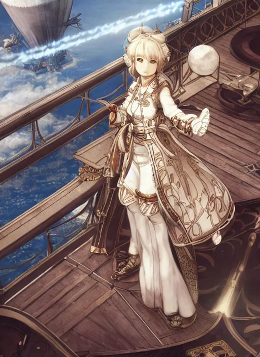 Image similar to character portrait of the white herald on the deck of an imperial airship in the sky, hidari, color page, tankoban, 4K, tone mapping, Akihiko Yoshida.