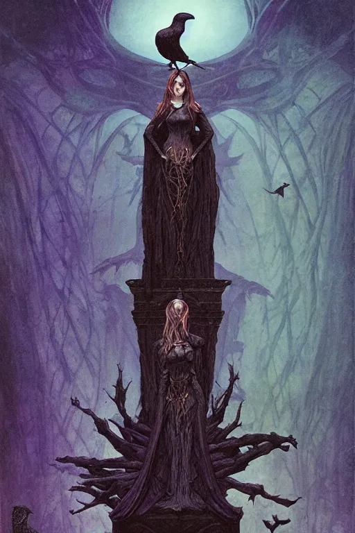 Prompt: raven perched on a statue of beautiful woman in a dark gothic room, gothic lighting, full frame, by wayne barlowe, peter mohrbacher, kelly mckernan, james o barr