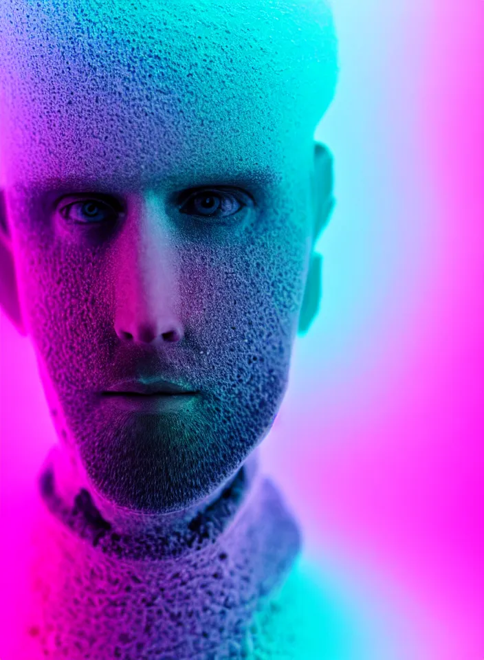 Image similar to high quality pastel coloured film close up photograph of a handsome cyborg in an icelandic black rock!! environment in a dreamstate black rock world. three point light, rainbow. photographic production. art directed. pastel colours. volumetric light. pastel gradient overlay. waves glitch artefacts. extreme facial silliness. 8 k. filmic.