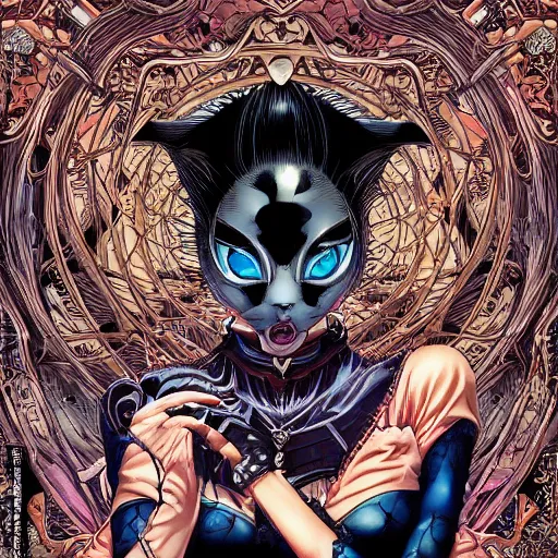 Image similar to portrait of crazy cat woman, symmetrical, by yoichi hatakenaka, masamune shirow, josan gonzales and dan mumford, ayami kojima, takato yamamoto, barclay shaw, karol bak, yukito kishiro