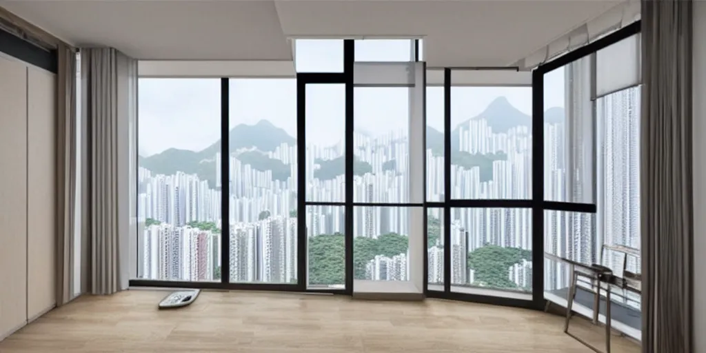 Image similar to a beautiful realistic image from old apartment buildings with airco in hong kong in the future